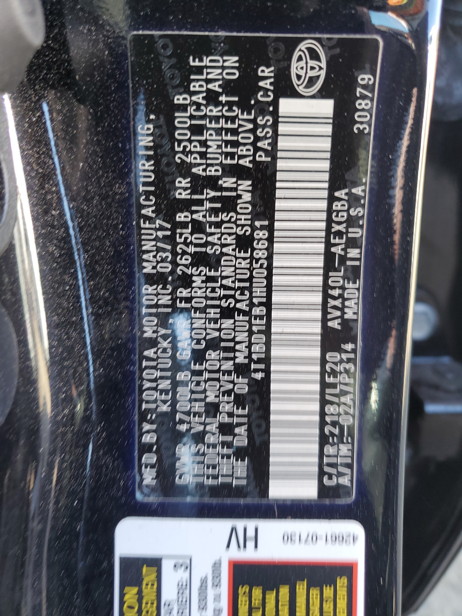 4T1BD1EB1HU058681 2017 Toyota Avalon Hybrid