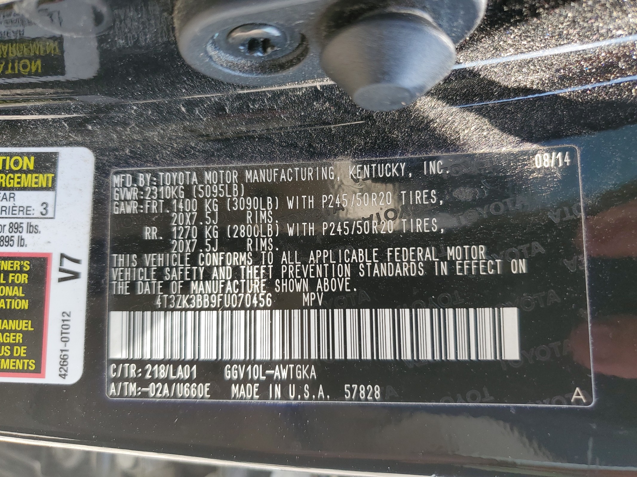 4T3ZK3BB9FU070456 2015 Toyota Venza Le