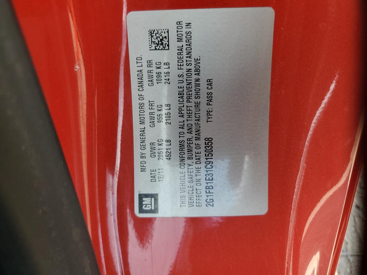 2012 Chevrolet Camaro Lt VIN: 2G1FB1E31C9150358 Lot: 65851134