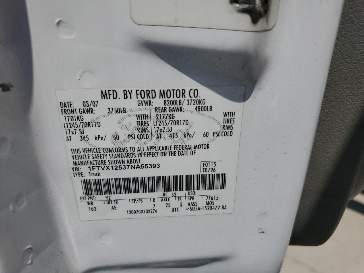 2007 Ford F150 VIN: 1FTVX12537NA55393 Lot: 66358294