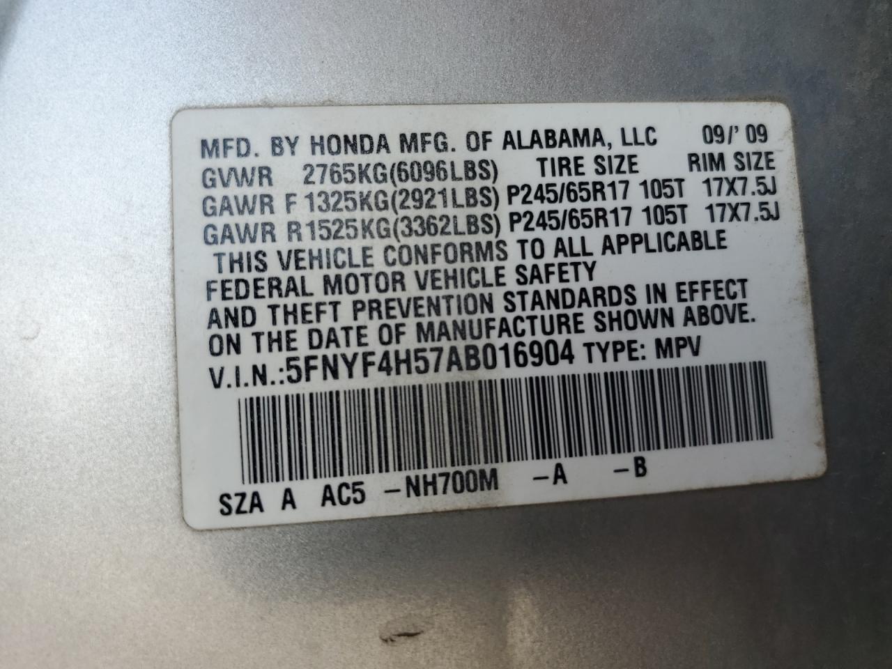 5FNYF4H57AB016904 2010 Honda Pilot Exl