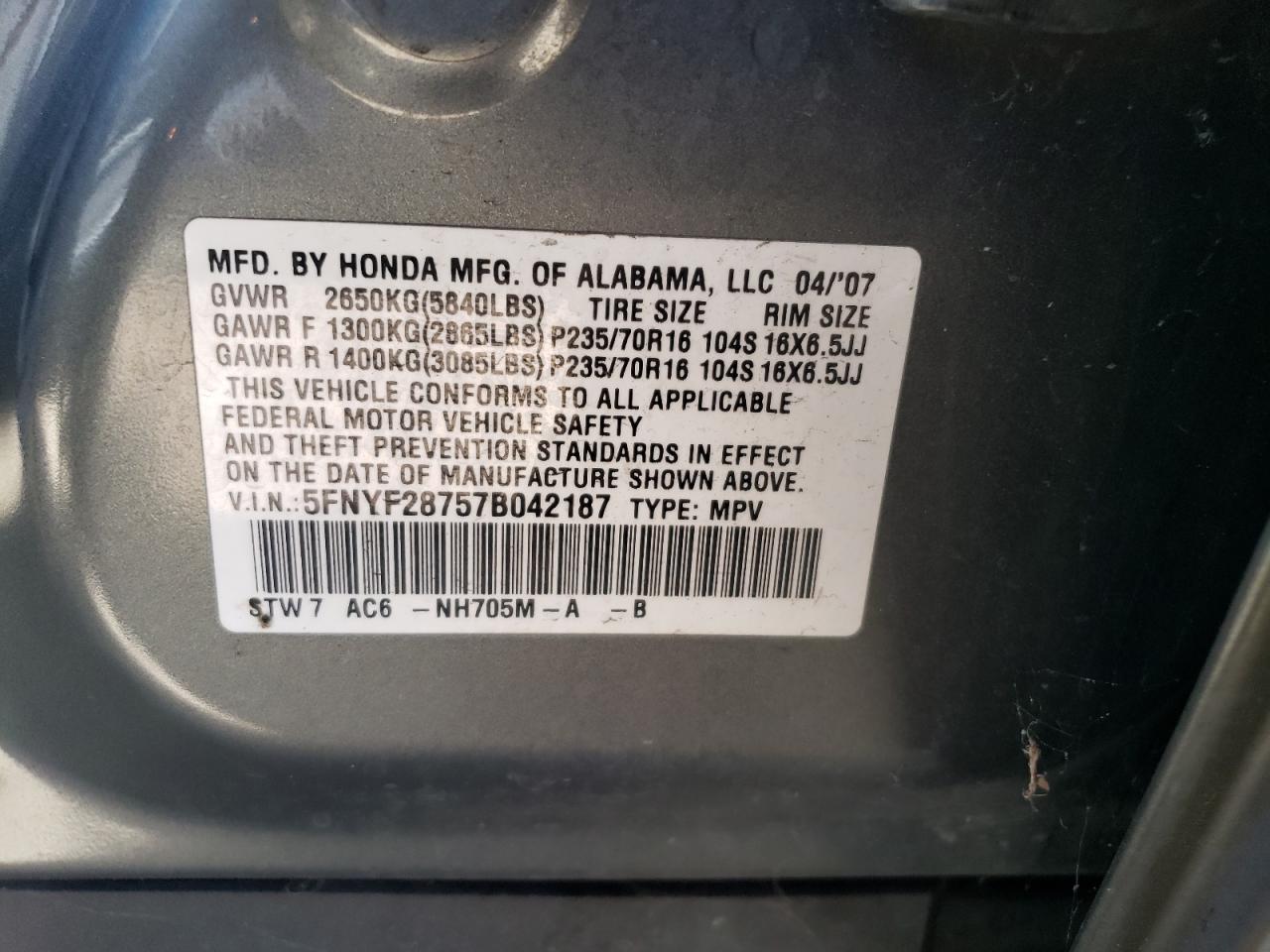 2007 Honda Pilot Exl VIN: 5FNYF28757B042187 Lot: 66029004