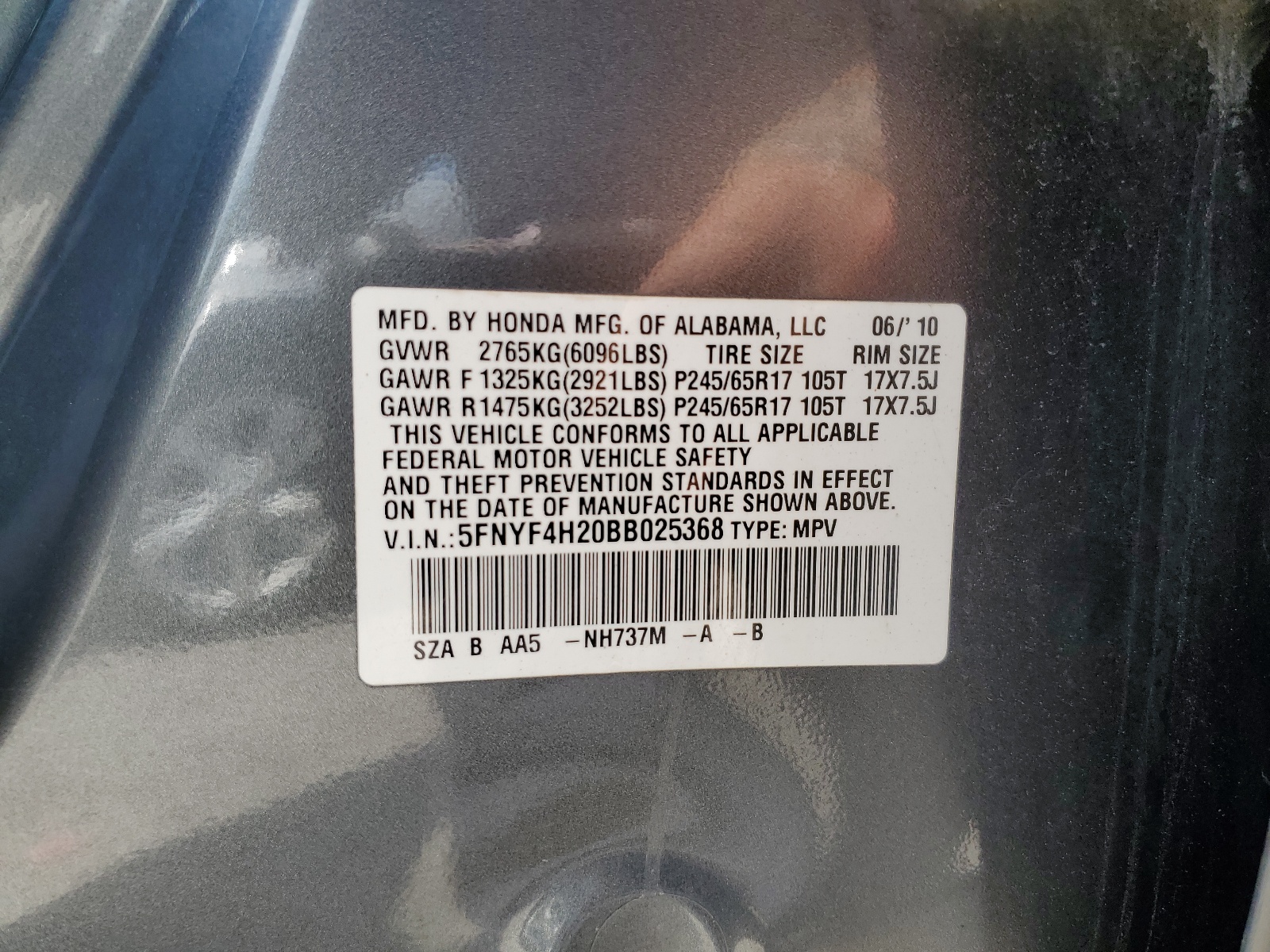 5FNYF4H20BB025368 2011 Honda Pilot Lx