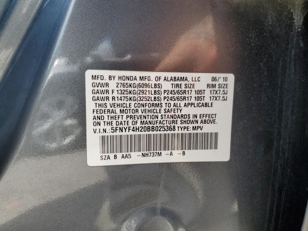2011 Honda Pilot Lx VIN: 5FNYF4H20BB025368 Lot: 66685994