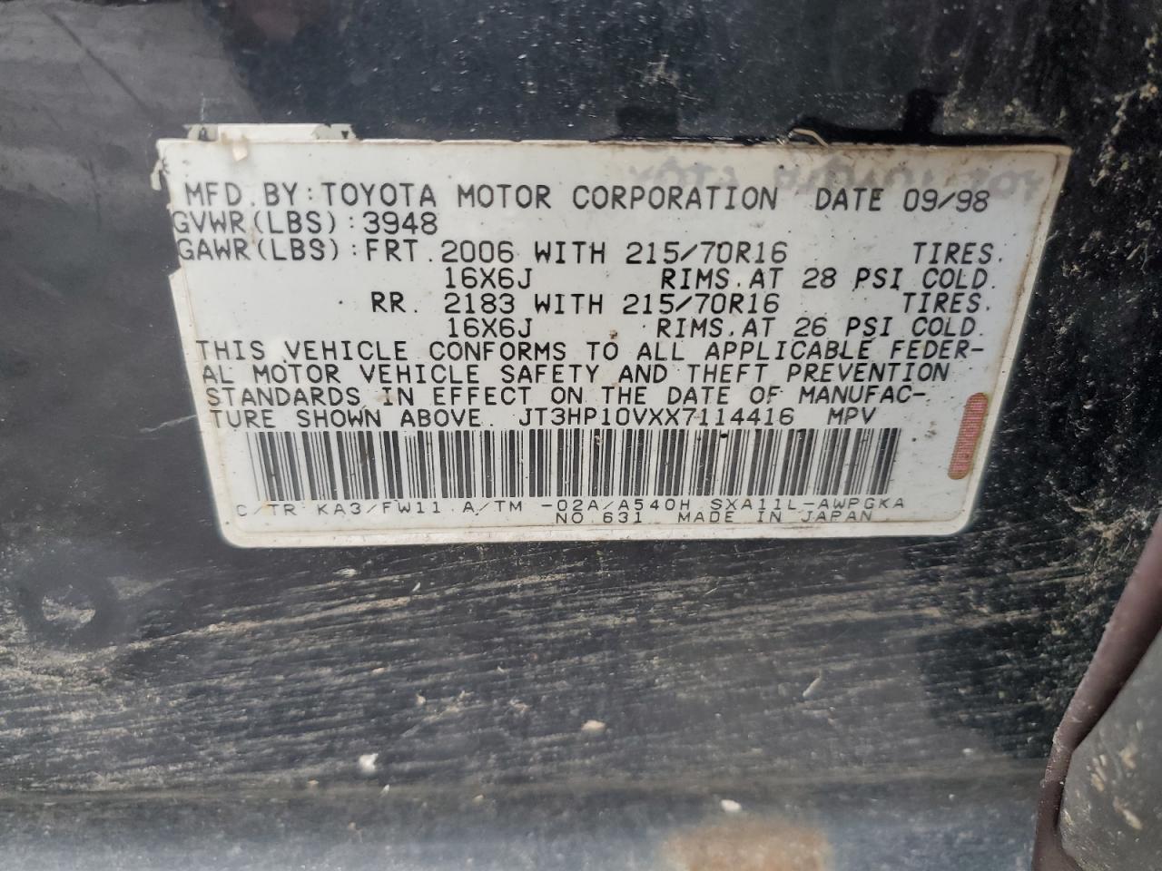 1999 Toyota Rav4 VIN: JT3HP10VXX7114416 Lot: 66381284