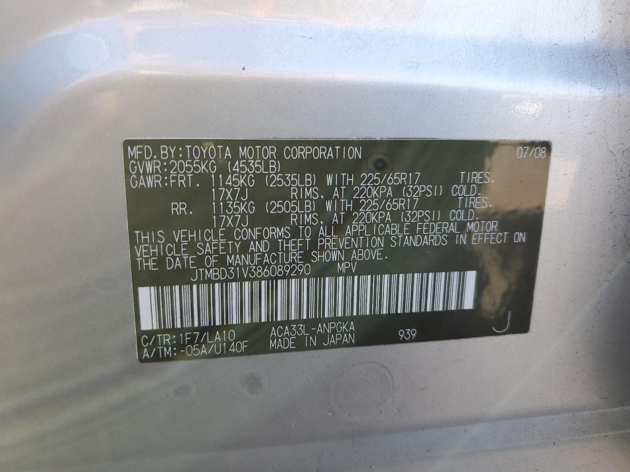 JTMBD31V386089290 2008 Toyota Rav4 Limited