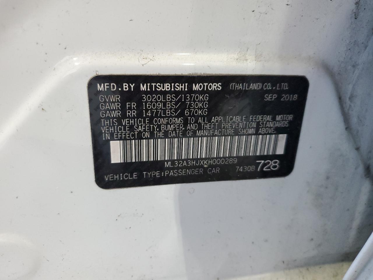 ML32A3HJXKH000289 2019 Mitsubishi Mirage Es