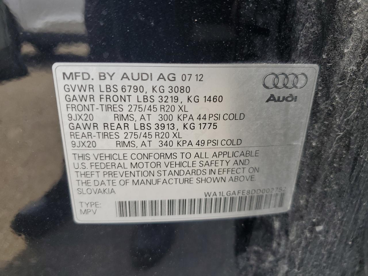 WA1LGAFE8DD002752 2013 Audi Q7 Premium Plus