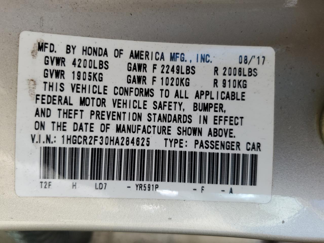 1HGCR2F30HA284625 2017 Honda Accord Lx