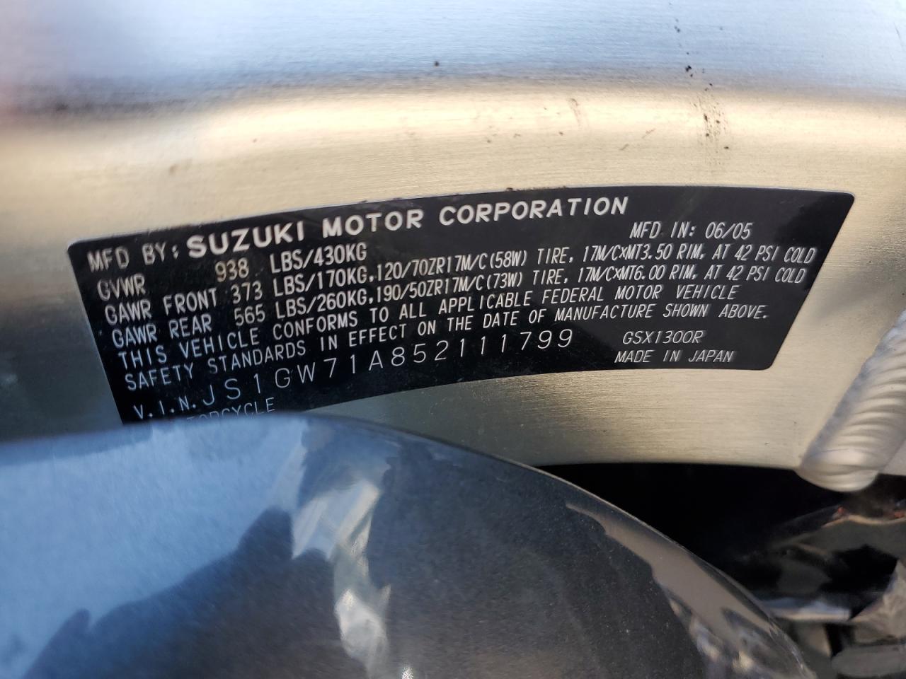 2005 Suzuki Gsx1300 Rk5 VIN: JS1GW71A852111799 Lot: 66392934