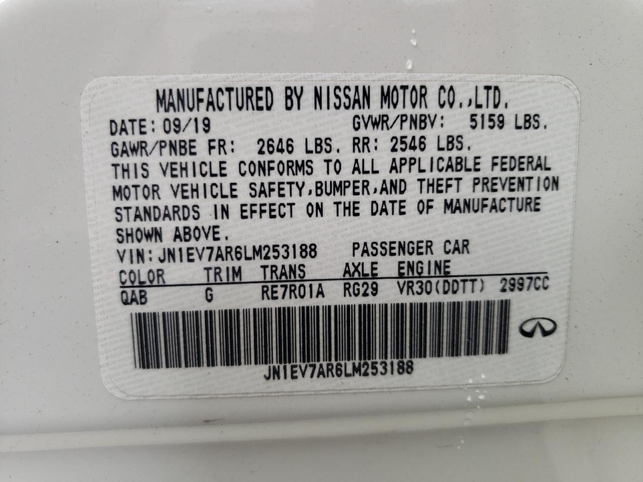 2020 Infiniti Q50 Pure VIN: JN1EV7AR6LM253188 Lot: 66479434