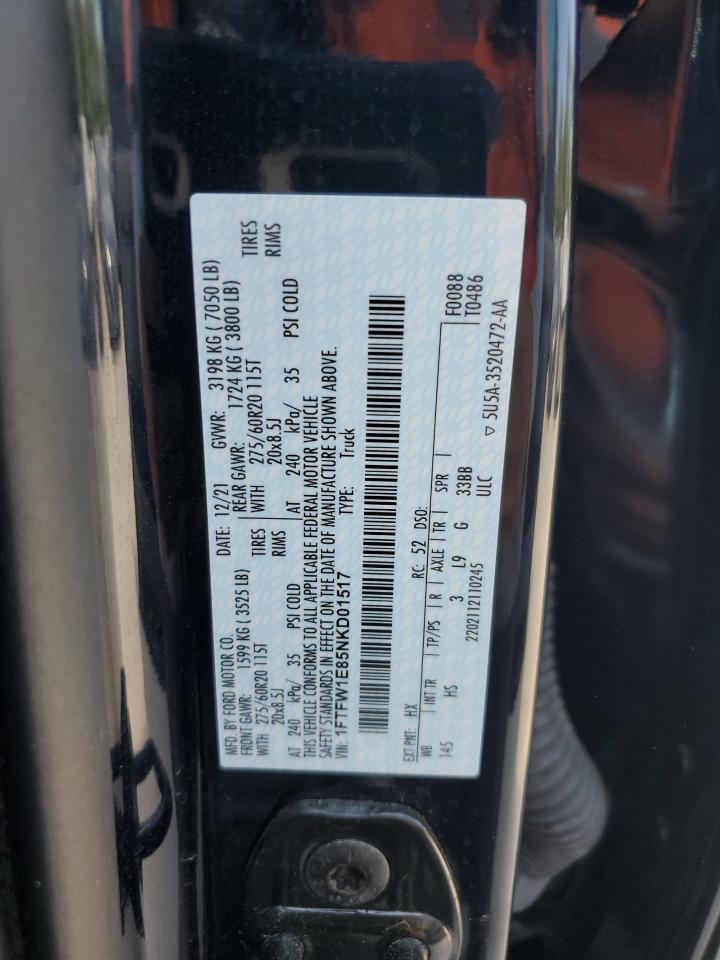 2022 Ford F150 Supercrew VIN: 1FTFW1E85NKD01517 Lot: 67735524