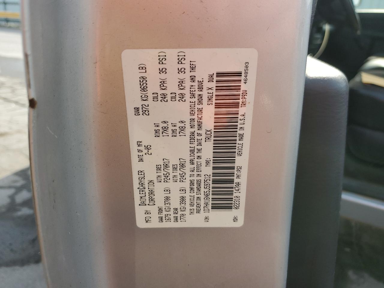 2005 Dodge Ram 1500 St VIN: 1D7HA16N65J597512 Lot: 65828124