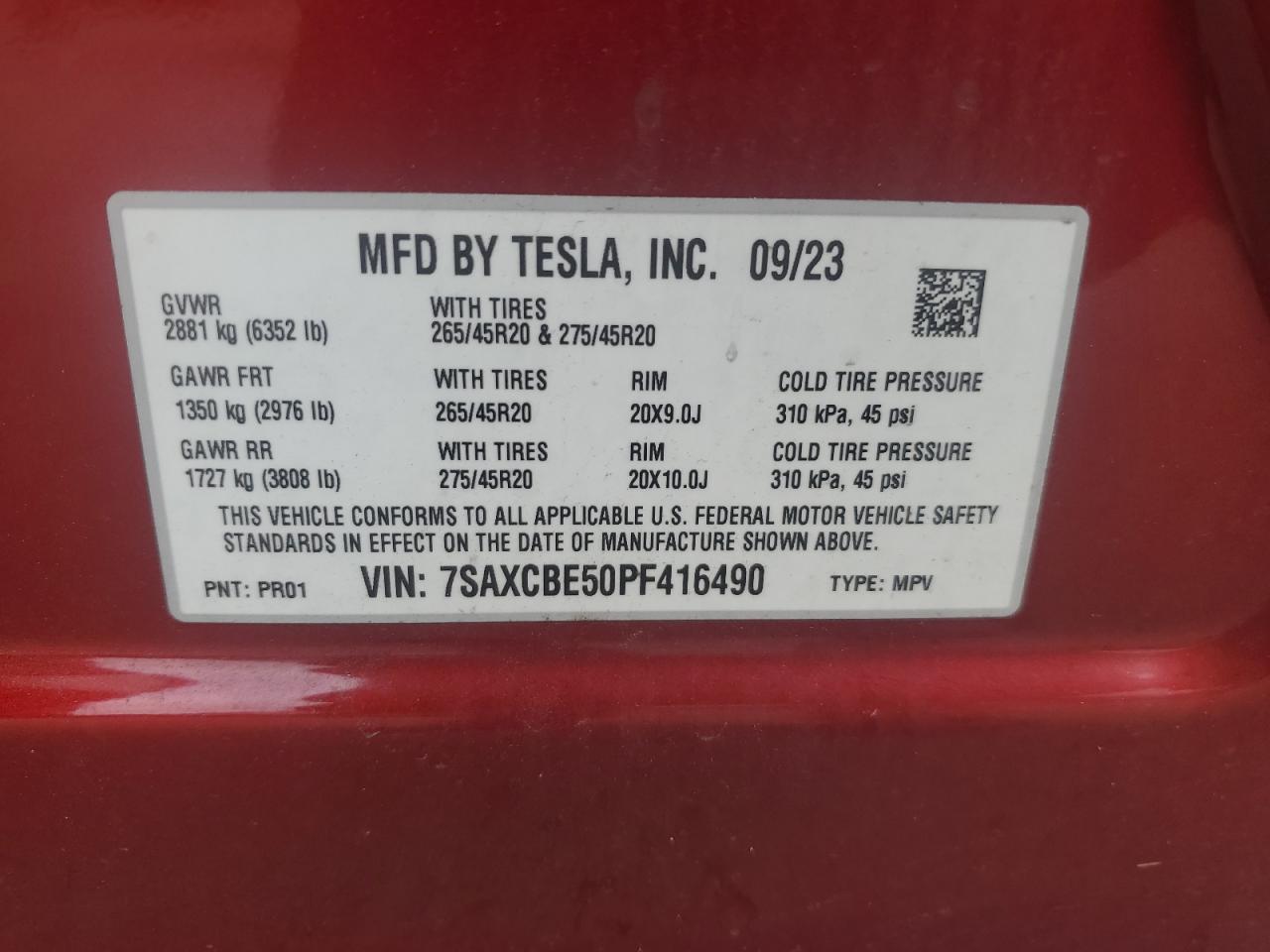 2023 Tesla Model X VIN: 7SAXCBE50PF416490 Lot: 65027414