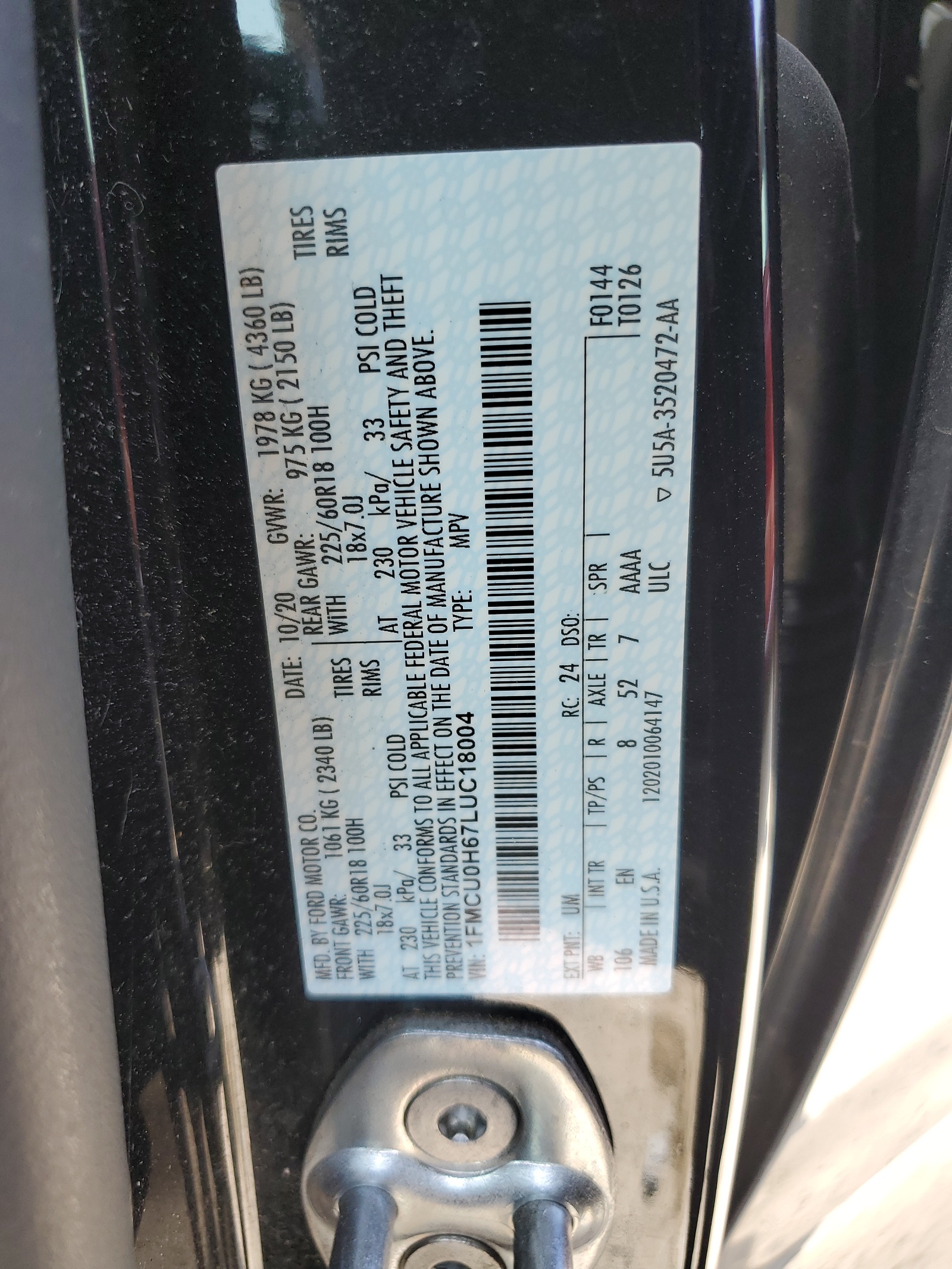 1FMCU0H67LUC18004 2020 Ford Escape Sel