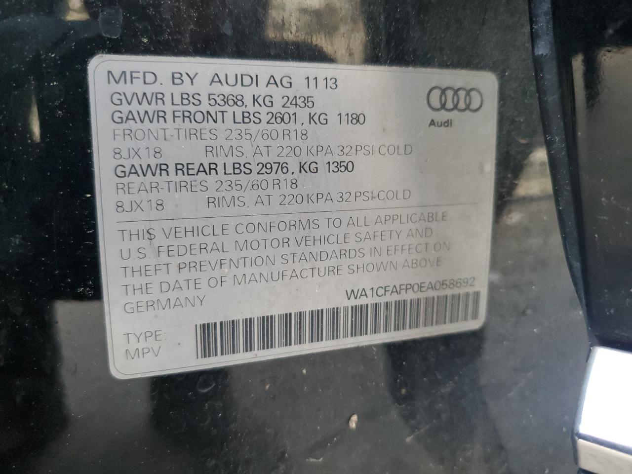 2014 Audi Q5 Premium VIN: WA1CFAFP0EA058692 Lot: 67005084