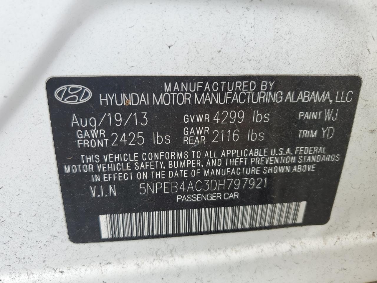 2013 Hyundai Sonata Gls VIN: 5NPEB4AC3DH797921 Lot: 65590534