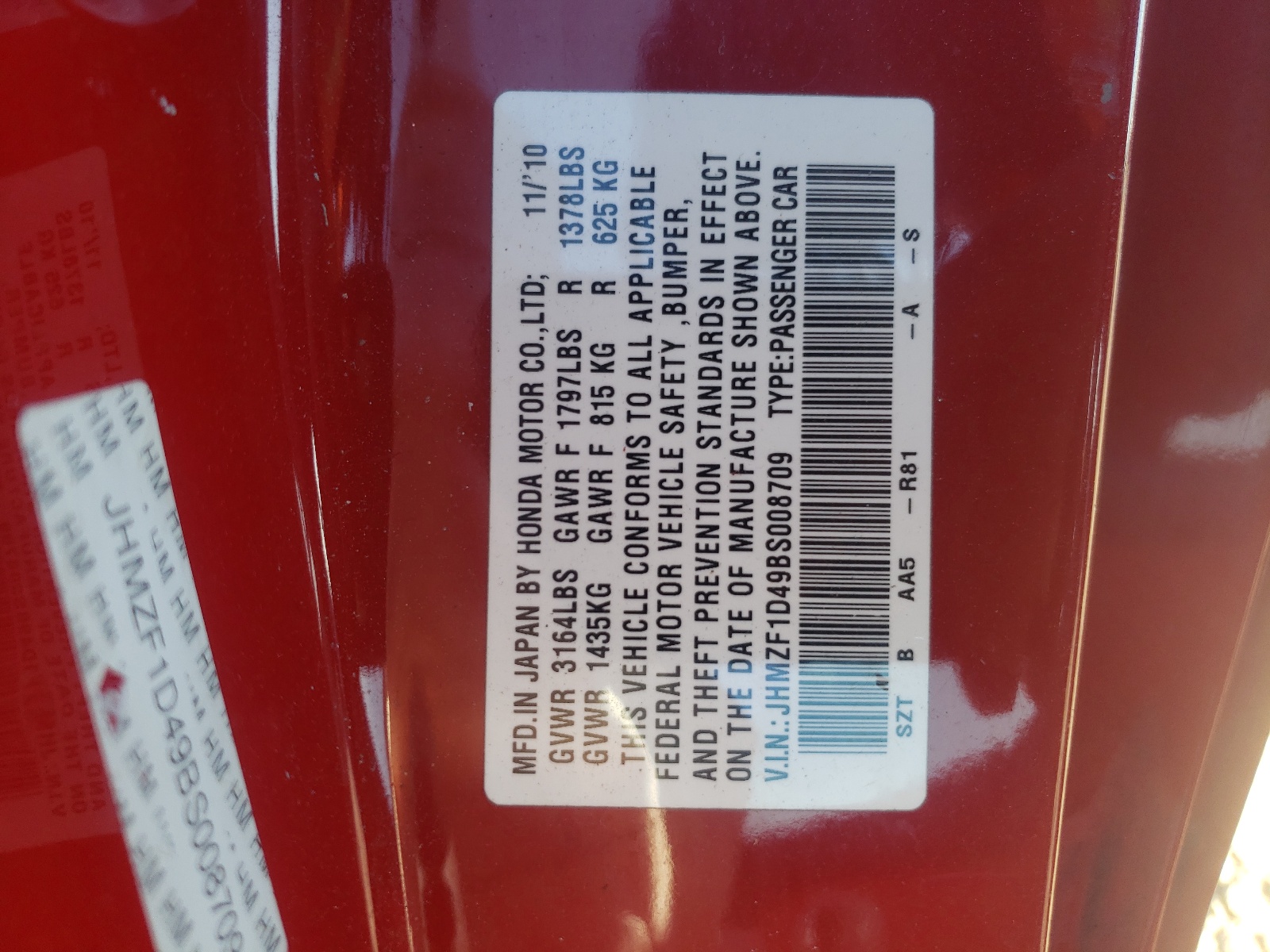 JHMZF1D49BS008709 2011 Honda Cr-Z