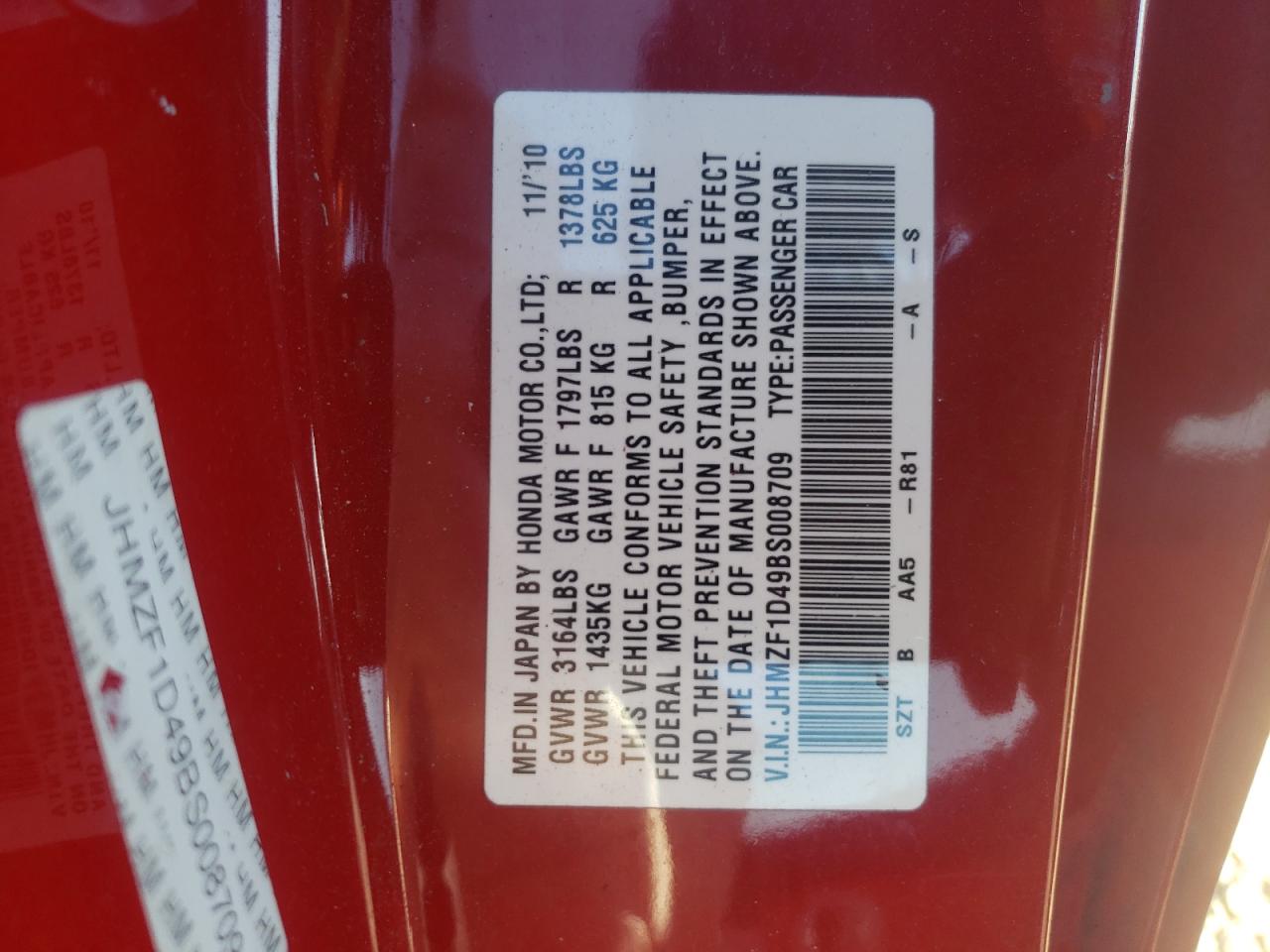 2011 Honda Cr-Z VIN: JHMZF1D49BS008709 Lot: 67398474