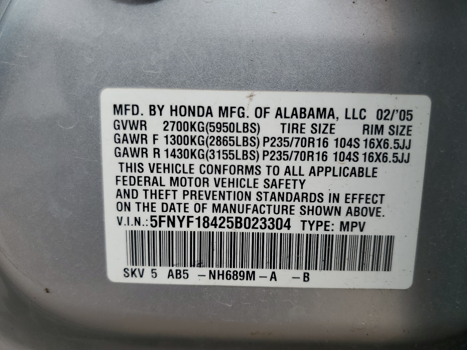 5FNYF18425B023304 2005 Honda Pilot Ex