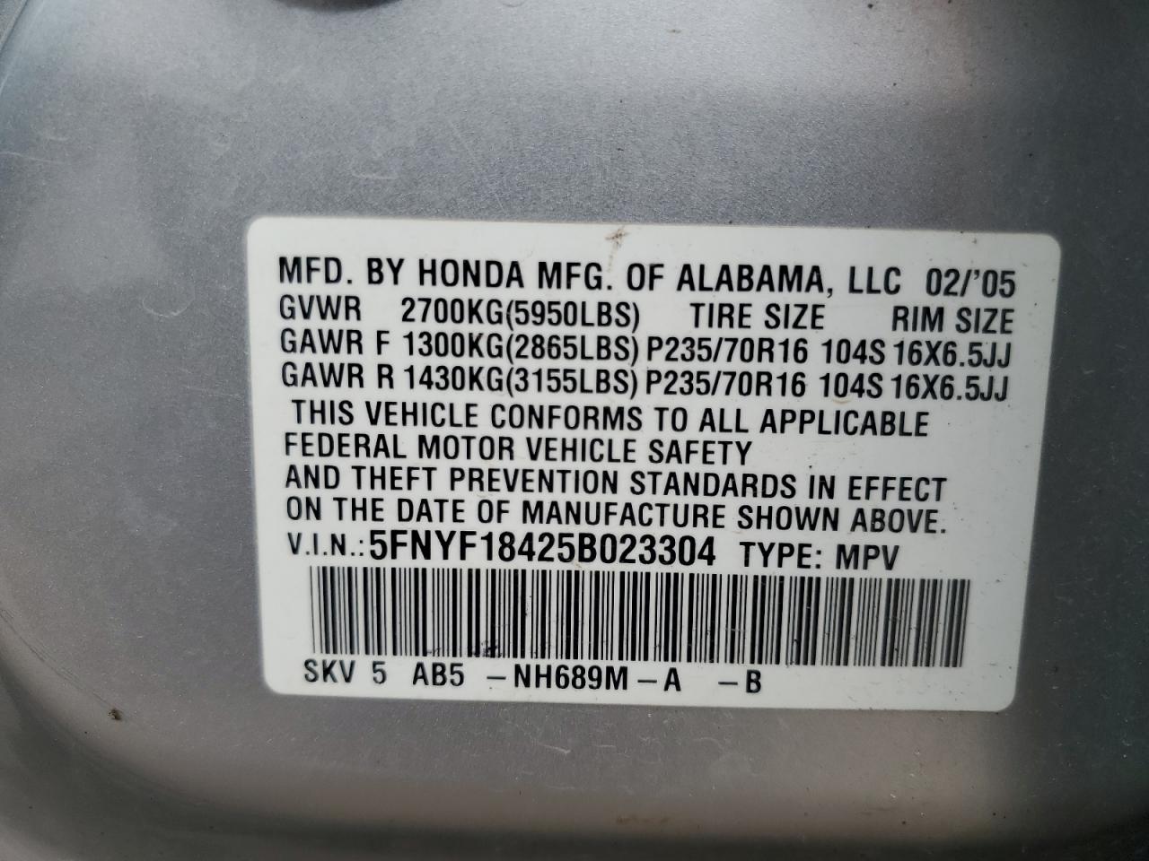 2005 Honda Pilot Ex VIN: 5FNYF18425B023304 Lot: 66401044