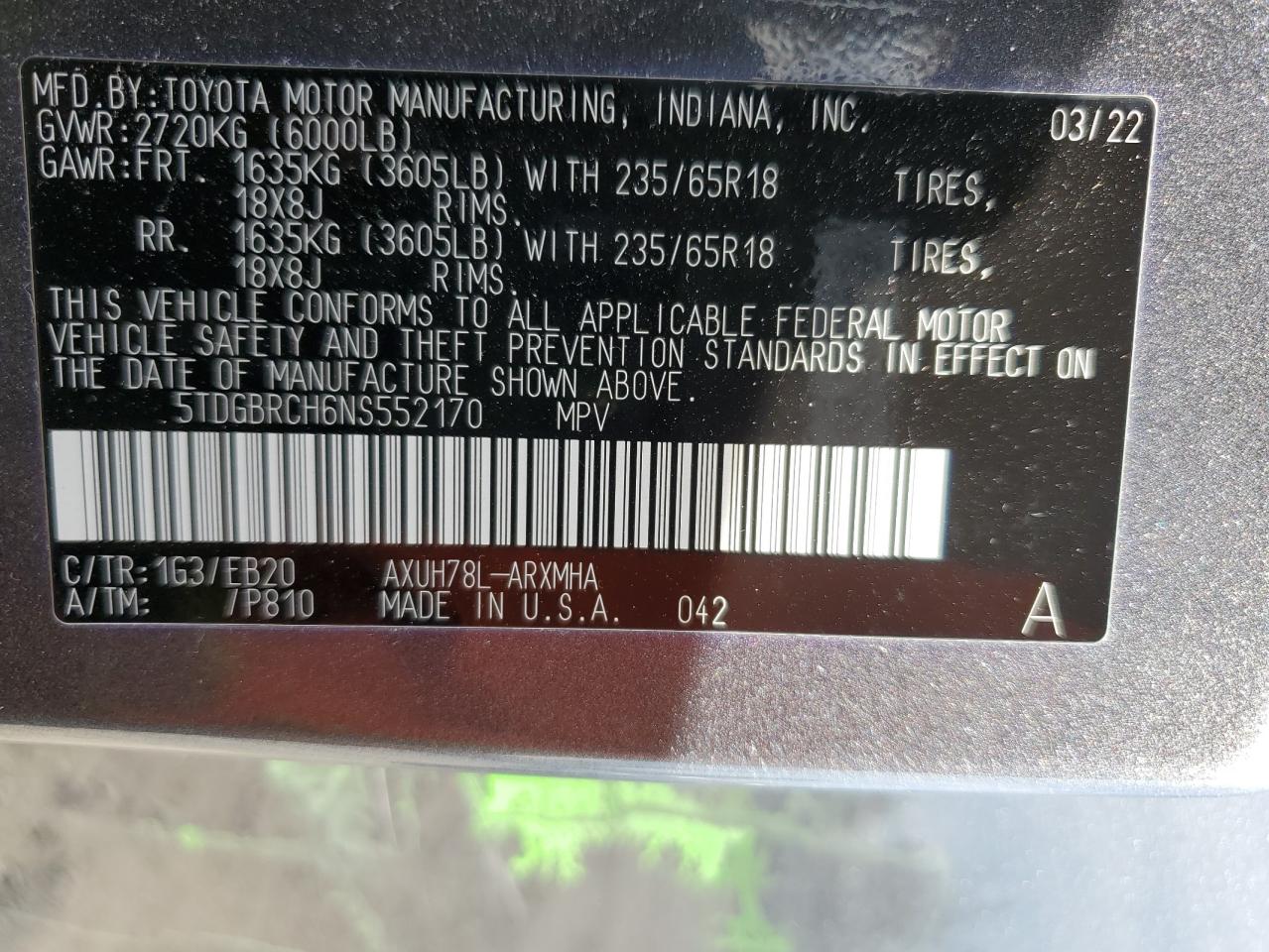 2022 Toyota Highlander Hybrid Xle VIN: 5TDGBRCH6NS552170 Lot: 67485824