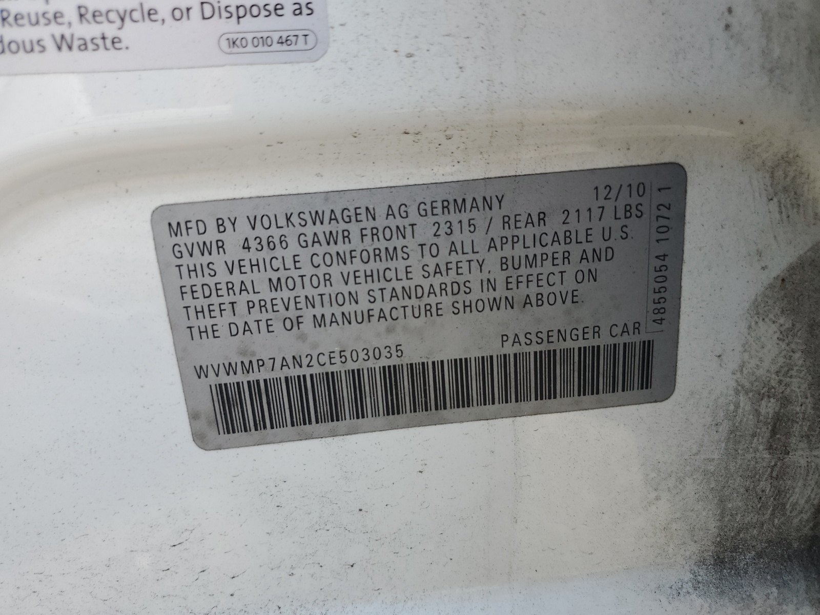wvwmp7an2ce503035 WVWMP7AN2CE503035 2012 Volkswagen Cc Sport