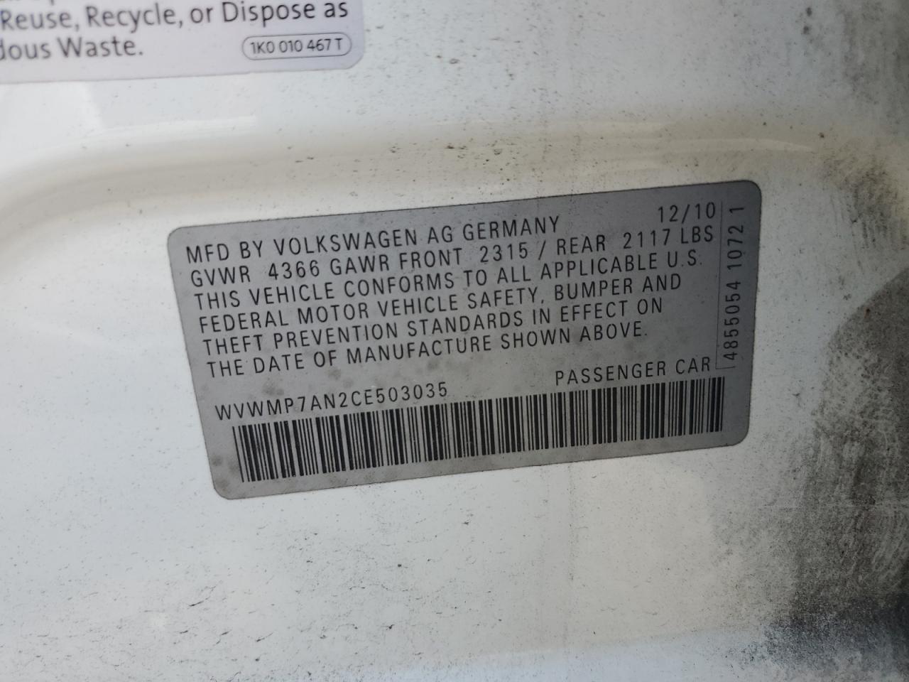 2012 Volkswagen Cc Sport VIN: WVWMP7AN2CE503035 Lot: 66191314