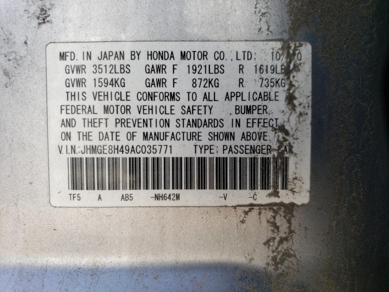 JHMGE8H49AC035771 2010 Honda Fit Sport