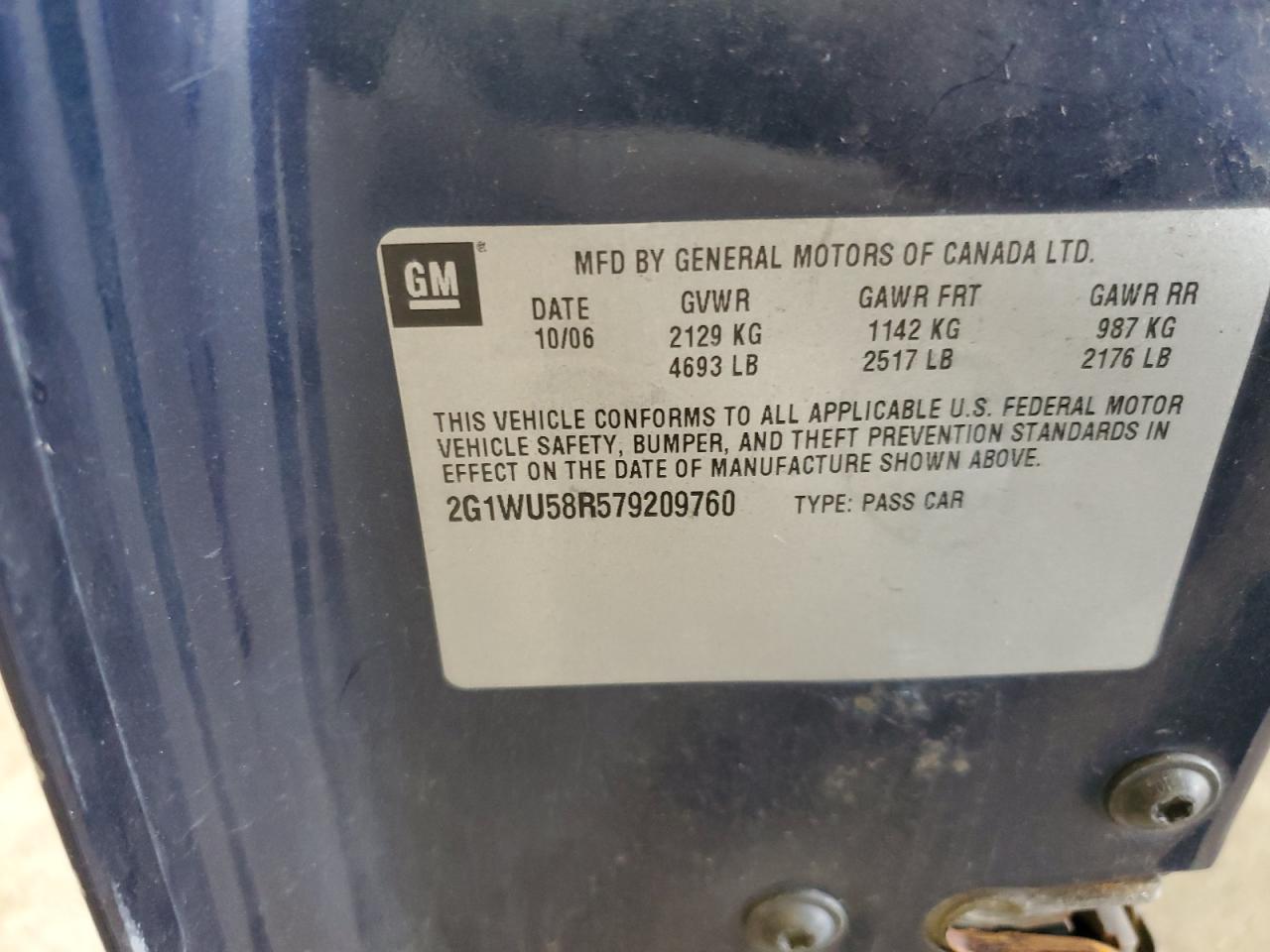 2007 Chevrolet Impala Ltz VIN: 2G1WU58R579209760 Lot: 67509864