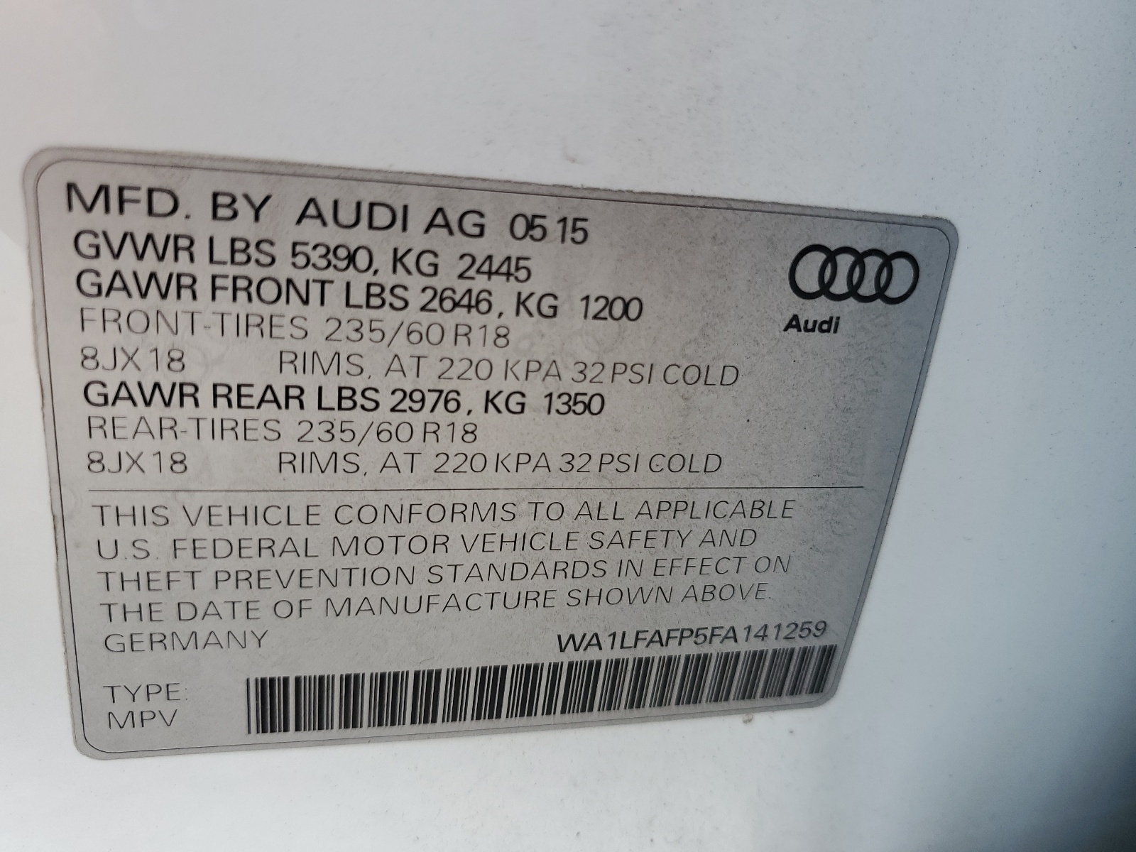 WA1LFAFP5FA141259 2015 Audi Q5 Premium Plus