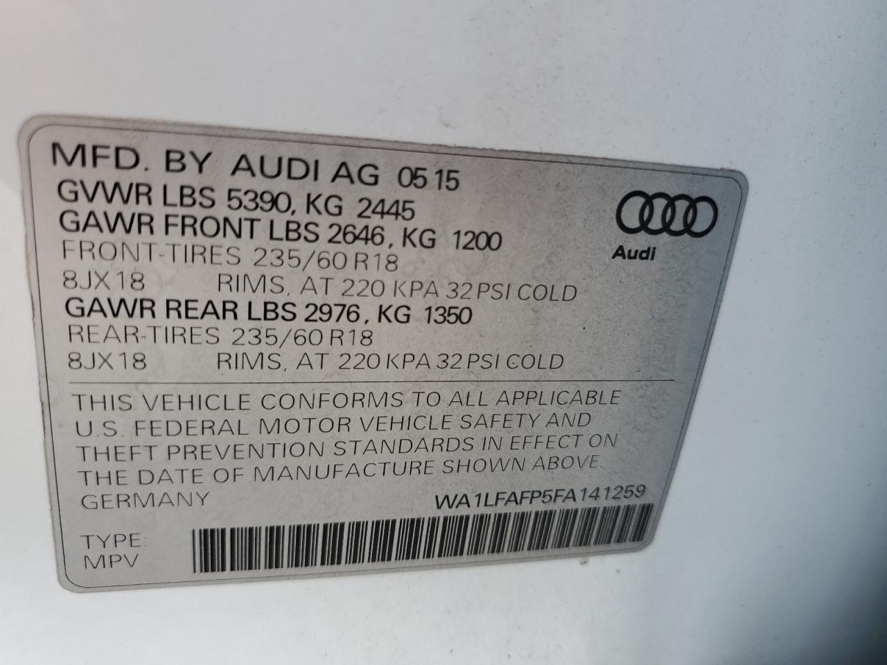 2015 Audi Q5 Premium Plus VIN: WA1LFAFP5FA141259 Lot: 65830014