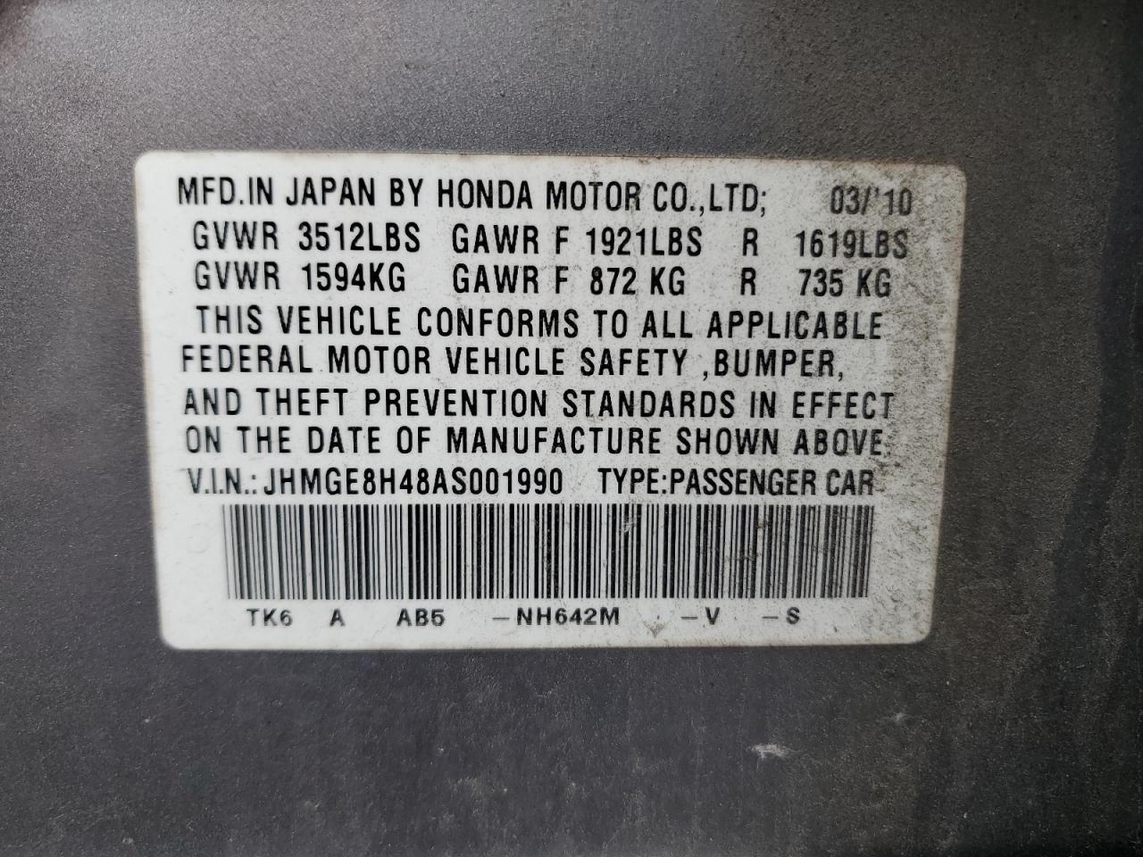 JHMGE8H48AS001990 2010 Honda Fit Sport