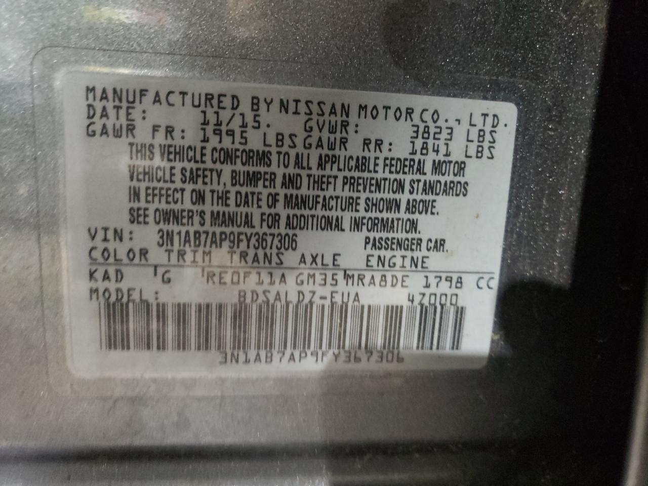 3N1AB7AP9FY367306 2015 Nissan Sentra S