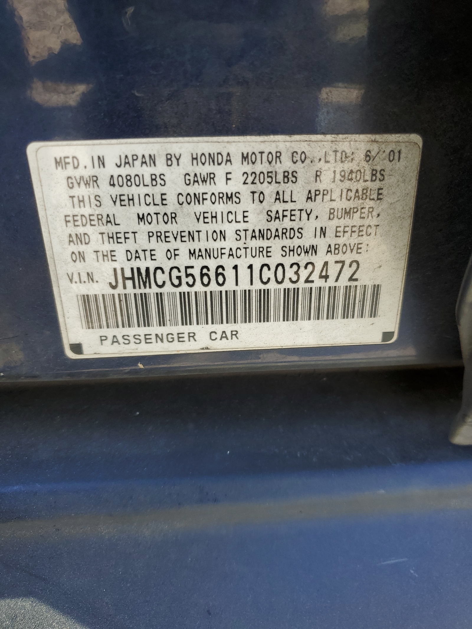 JHMCG56611C032472 2001 Honda Accord Ex