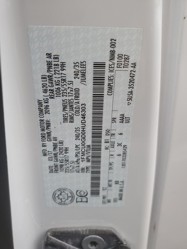 2017 Ford Escape Se VIN: 1FMCU0GD0HUD46303 Lot: 62317784