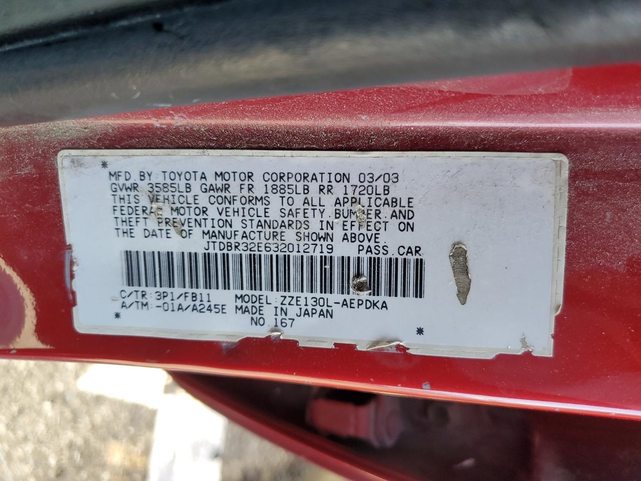 2003 Toyota Corolla Ce VIN: JTDBR32E632012719 Lot: 66207454