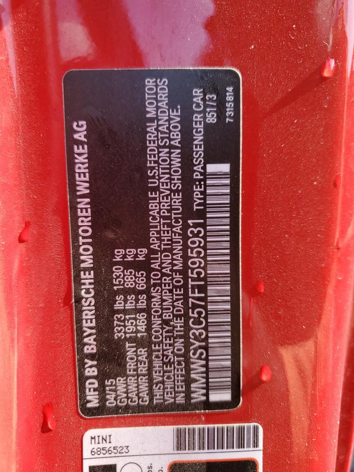 2015 Mini Cooper Roadster S VIN: WMWSY3C57FT595931 Lot: 67182234