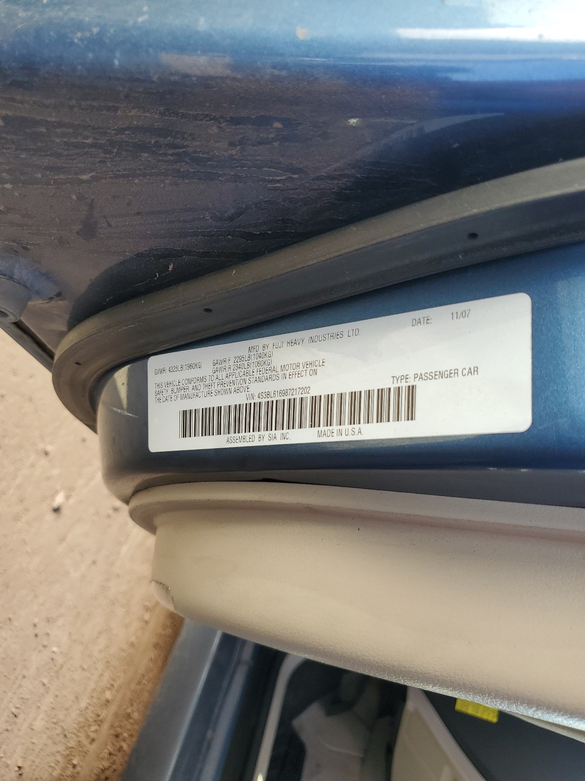 4S3BL616987217202 2008 Subaru Legacy 2.5I