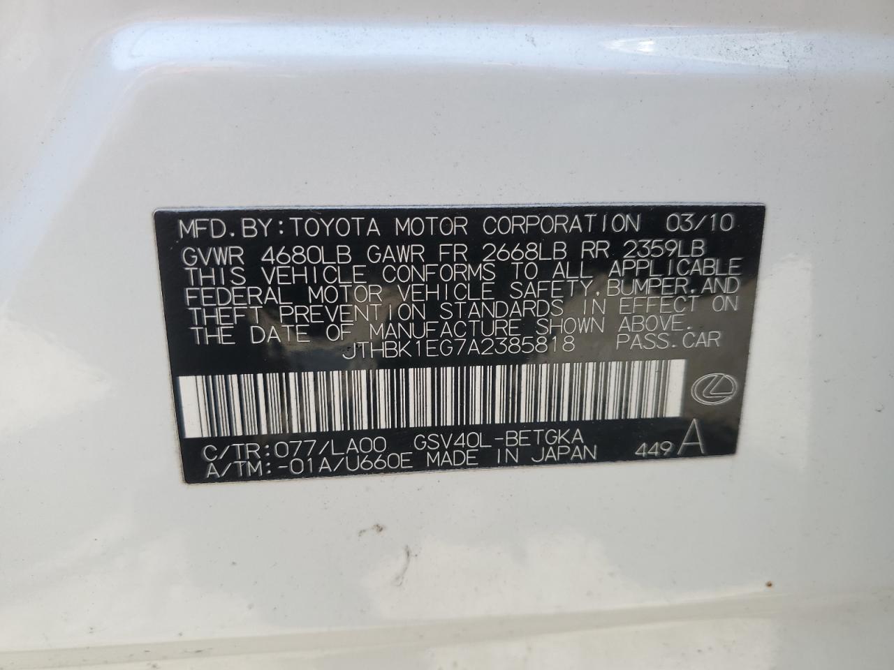 2010 Lexus Es 350 VIN: JTHBK1EG7A2385818 Lot: 65852484