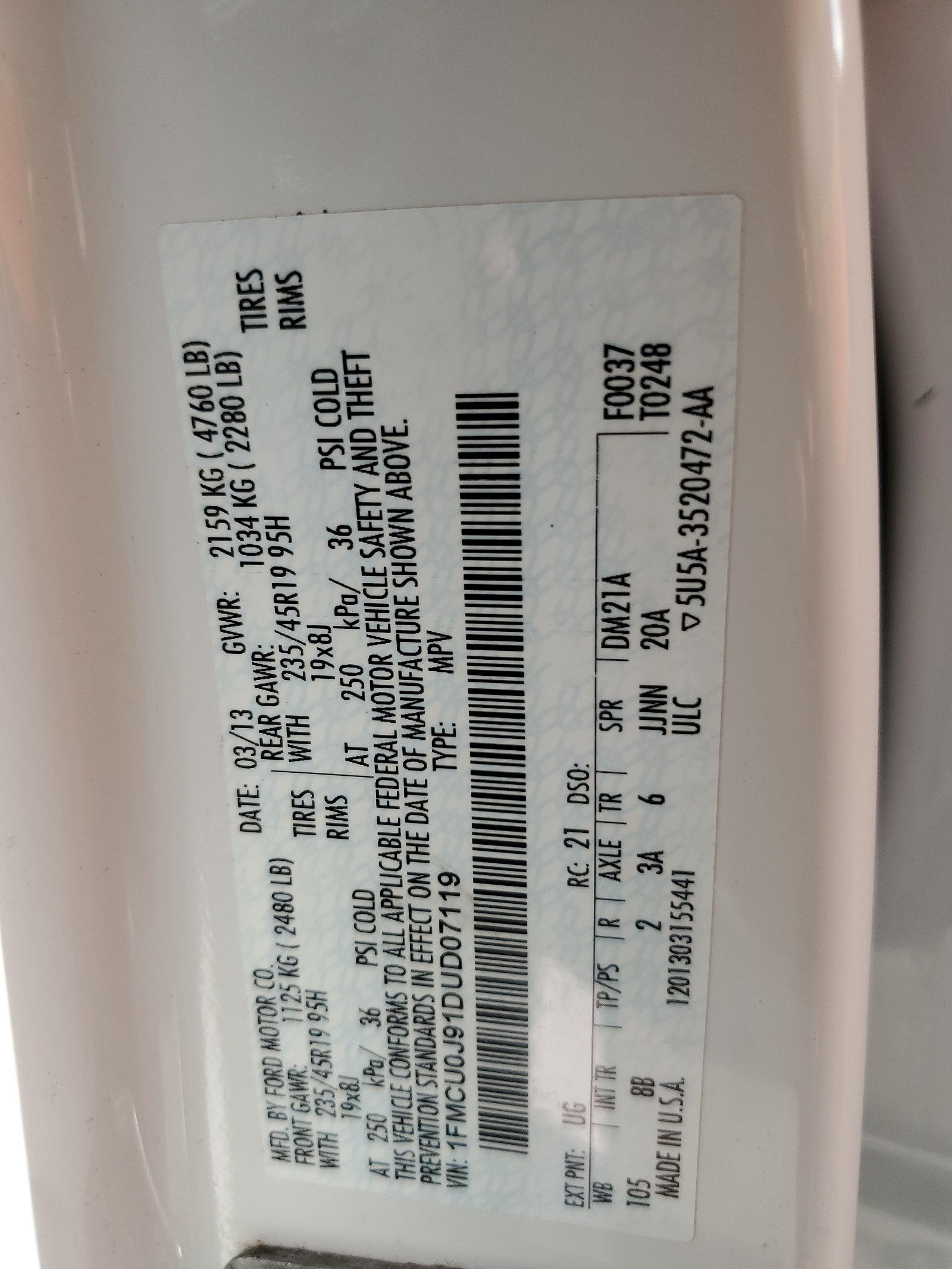 1FMCU0J91DUD07119 2013 Ford Escape Titanium