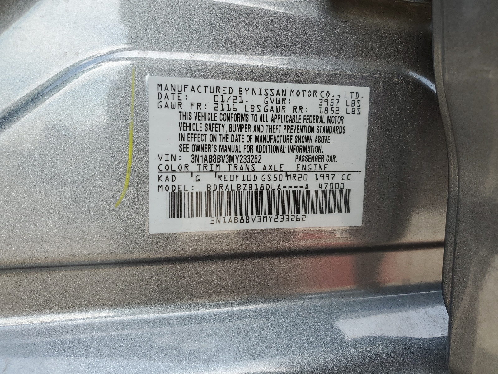 3N1AB8BV3MY233262 2021 Nissan Sentra S