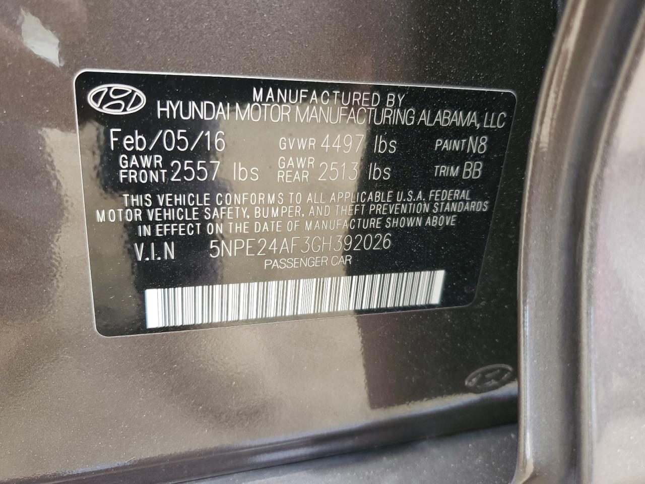 2016 Hyundai Sonata Se VIN: 5NPE24AF3GH392026 Lot: 66617114