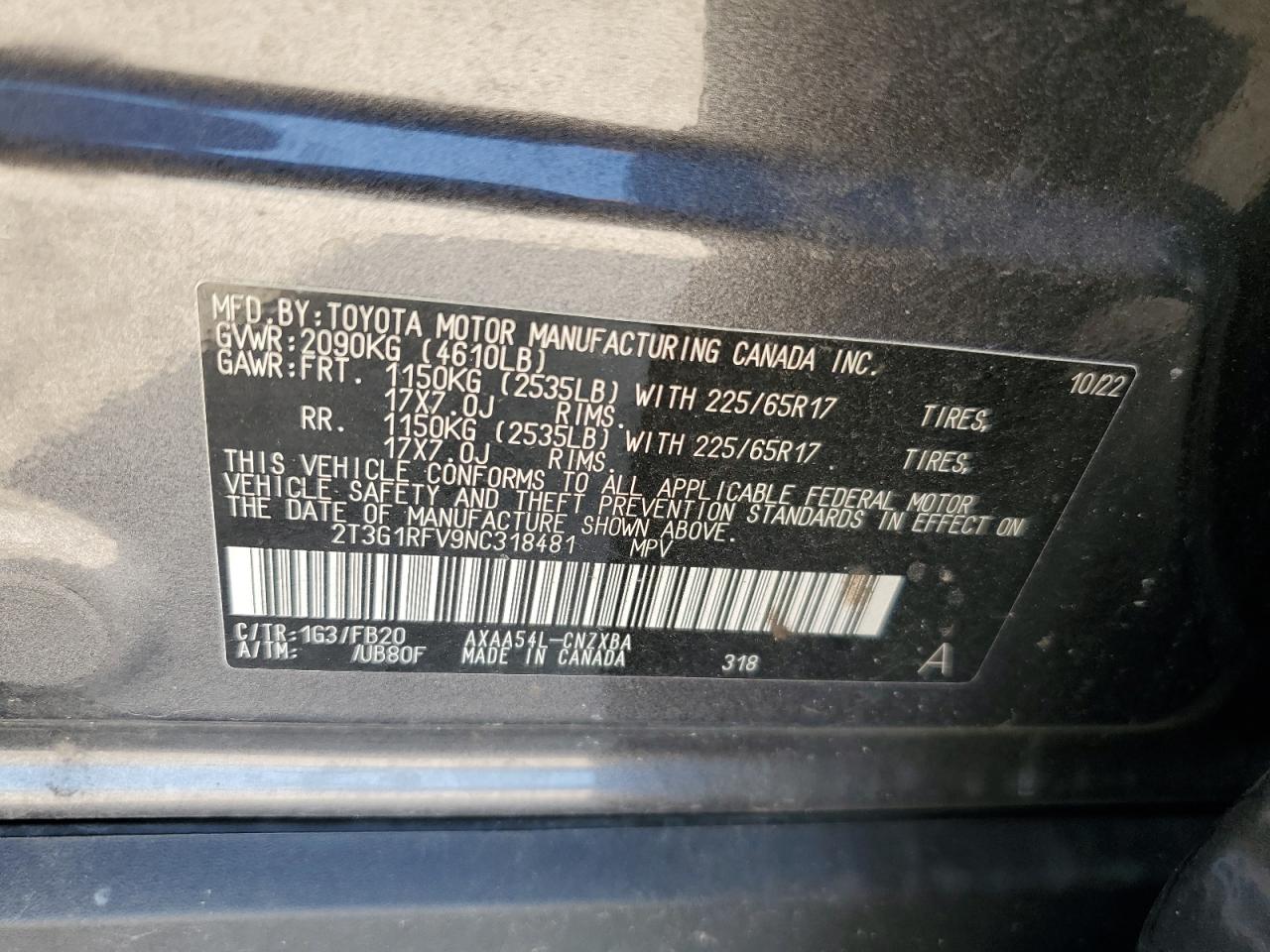 2T3G1RFV9NC318481 2022 Toyota Rav4 Le