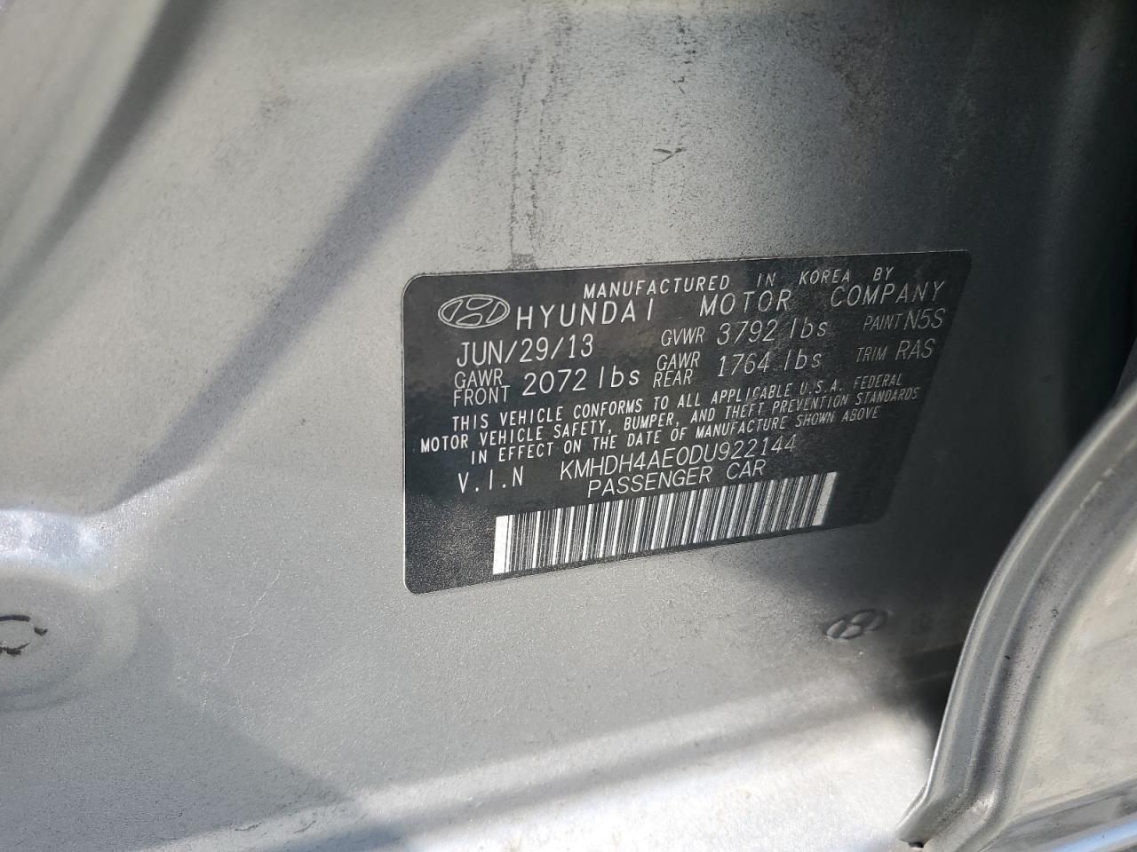 2013 Hyundai Elantra Gls VIN: KMHDH4AE0DU922144 Lot: 66745834