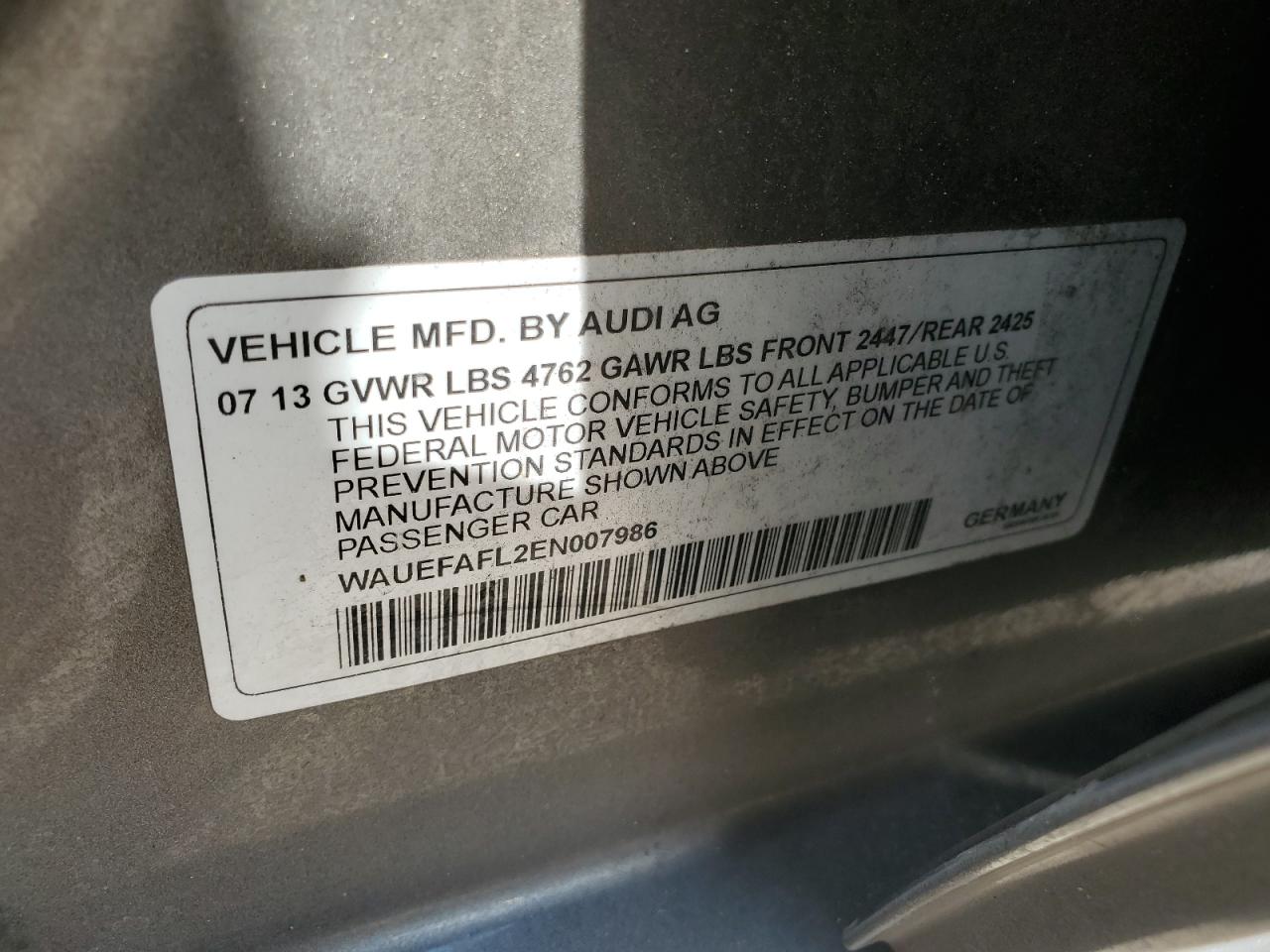 2014 Audi A4 Premium Plus VIN: WAUEFAFL2EN007986 Lot: 66798024