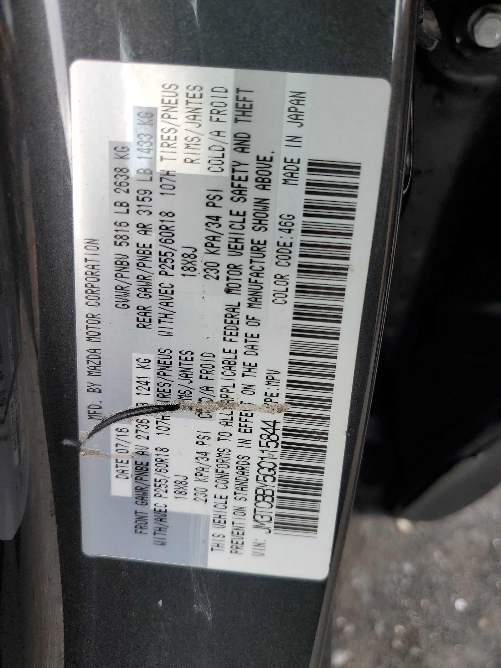 JM3TCBBY5G0115844 2016 Mazda Cx-9 Touring