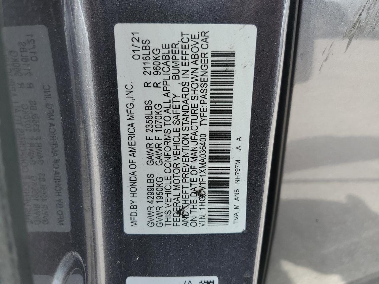 1HGCV1F1XMA036400 2021 Honda Accord Lx