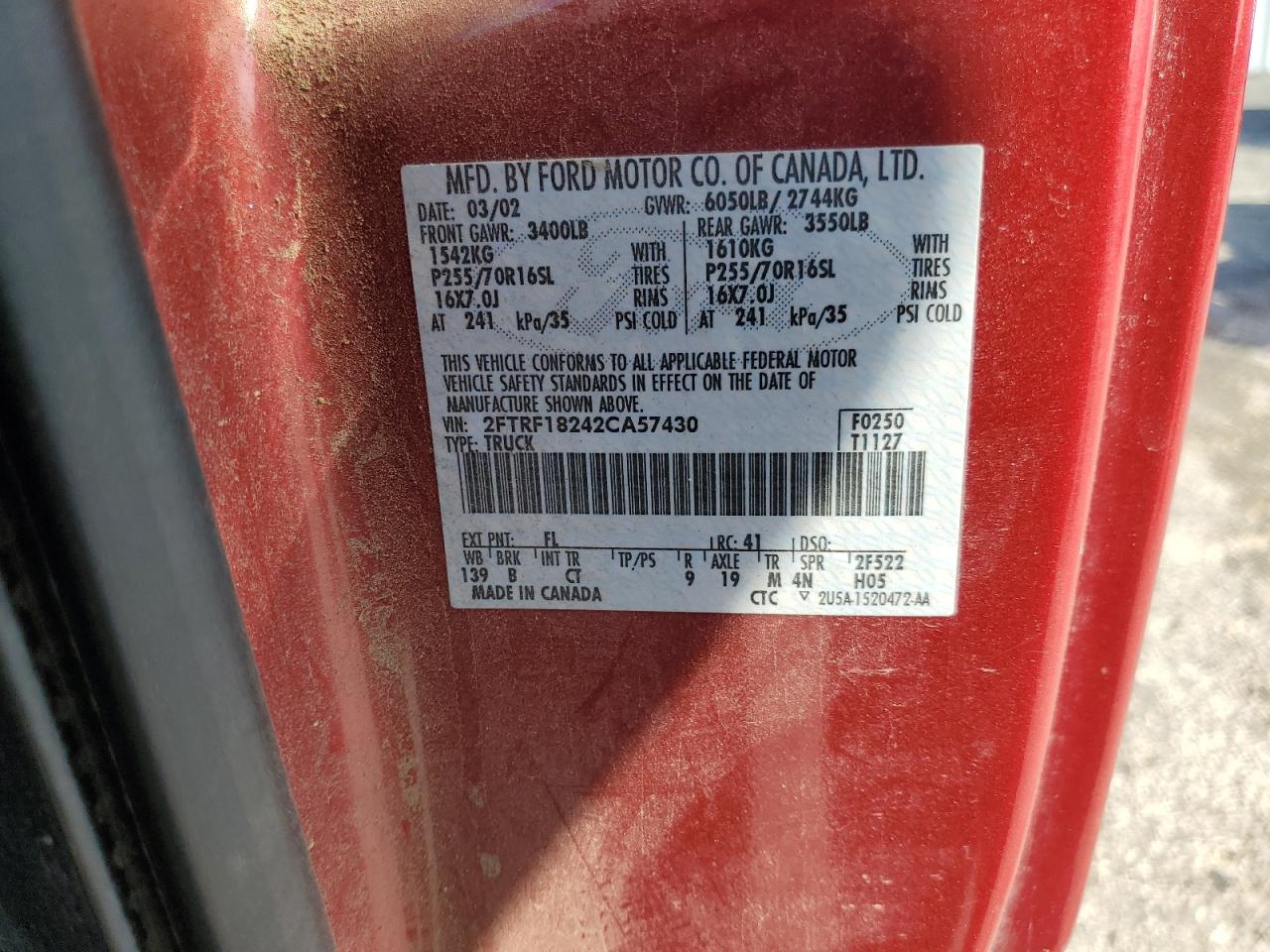 2002 Ford F150 VIN: 2FTRF18242CA57430 Lot: 66428644