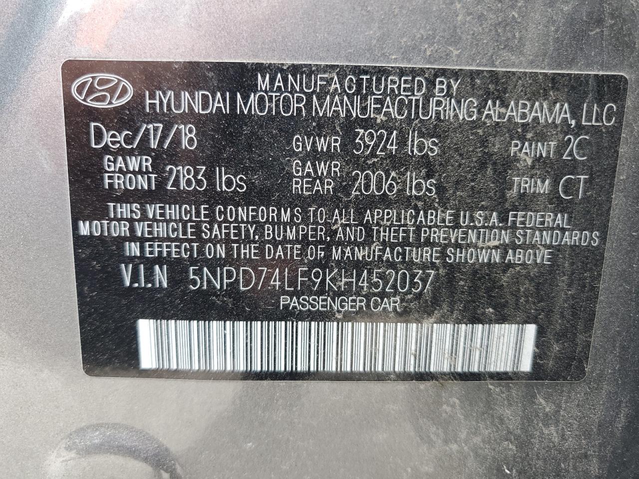 5NPD74LF9KH452037 2019 Hyundai Elantra Se